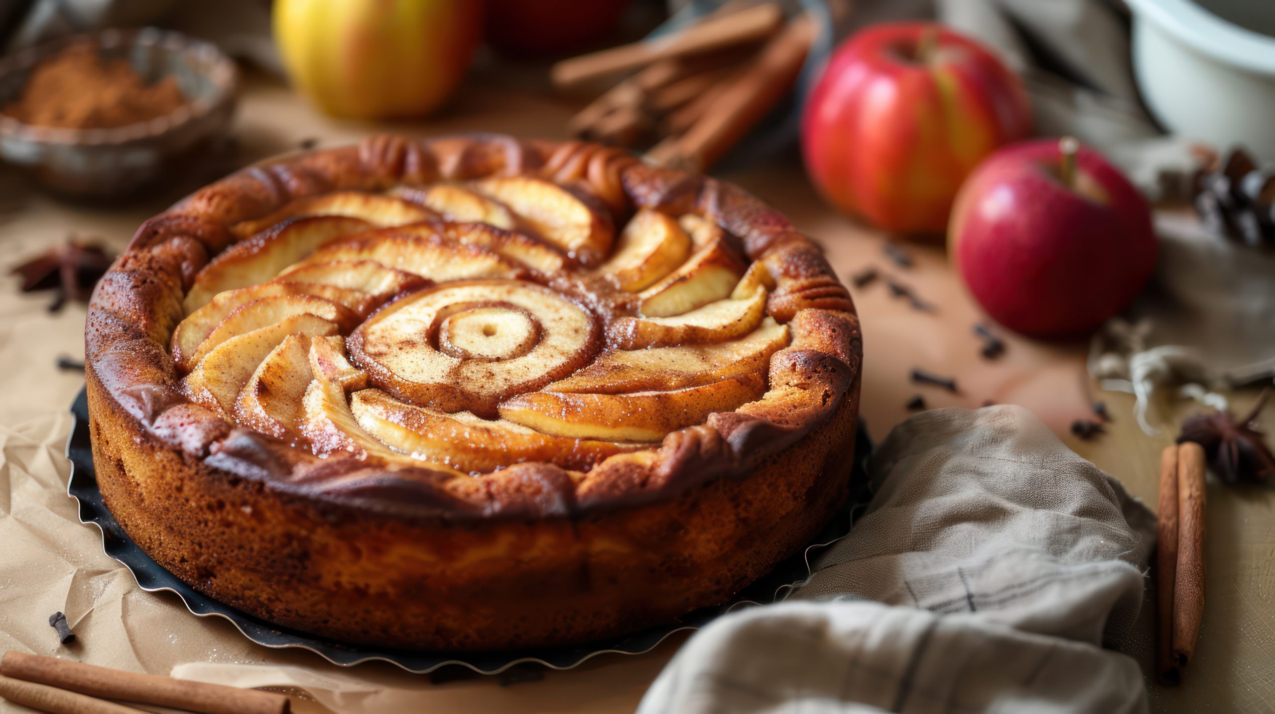 rustic spiced apple cake with cinnamon swirl on a warm terra cotta background, inviting and perfect for autumnal text